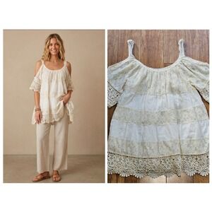 Tempo Paris Cold Shoulder Tunic Womens Small Cream Lace Tiered Boho Festival